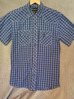 Pelham Western Short Sleeve Snap Button Shirt Blue Black Plaid Size LT